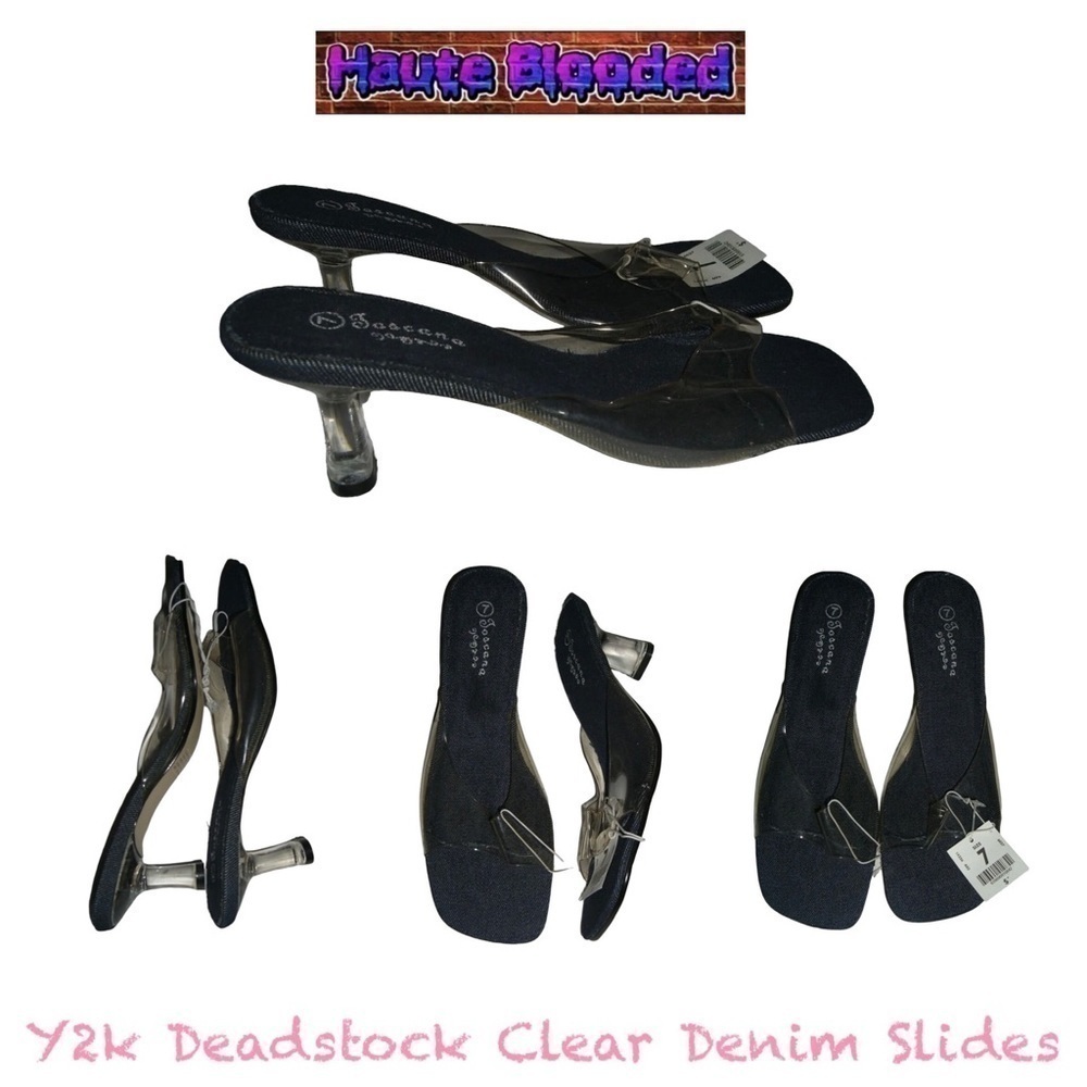 Vintage 90s y2k Deadstock Clear Lucite Plastic Denim Slides Square Toe Heels 7